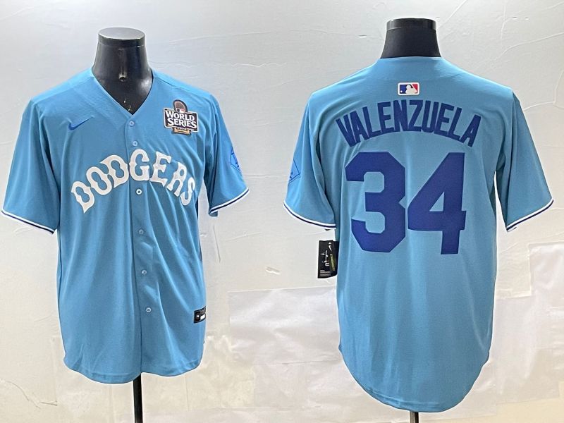 Men Los Angeles Dodgers 34 Valenzuela Light Blue Joint Name 2025 Nike MLB Jersey style 31615